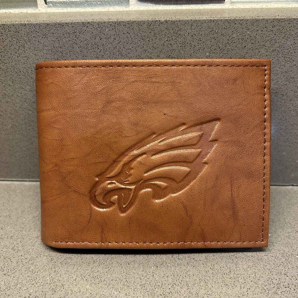 Philadelphia Eagles NFL Embossed Brown Leather Trifold Wallet Brand New